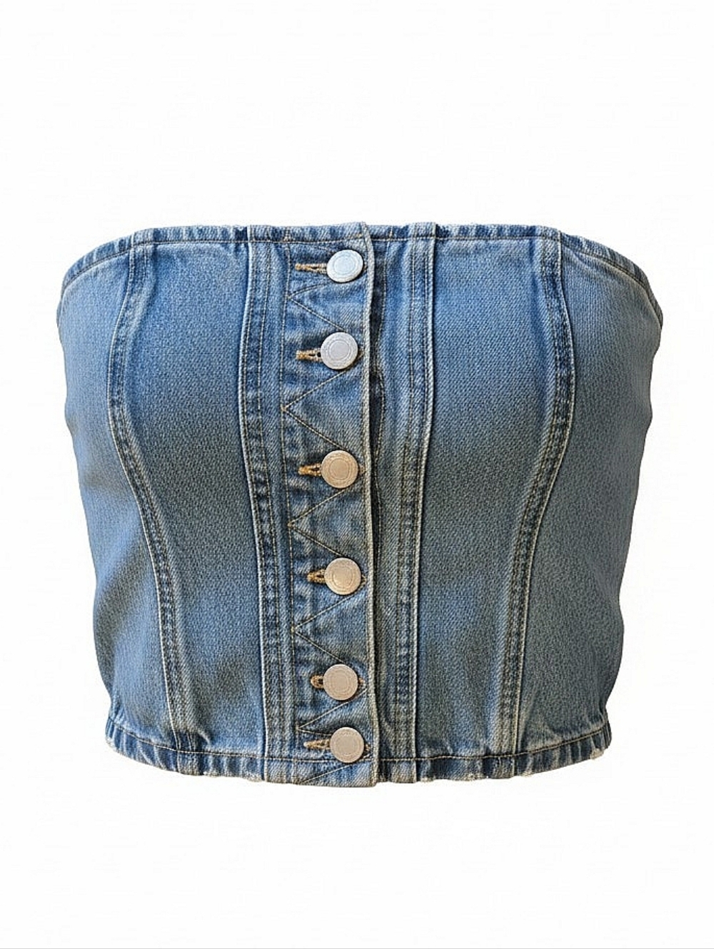 NWT! Pull & Bear Denim Button-Front Strapless Crop Top - Light Blue